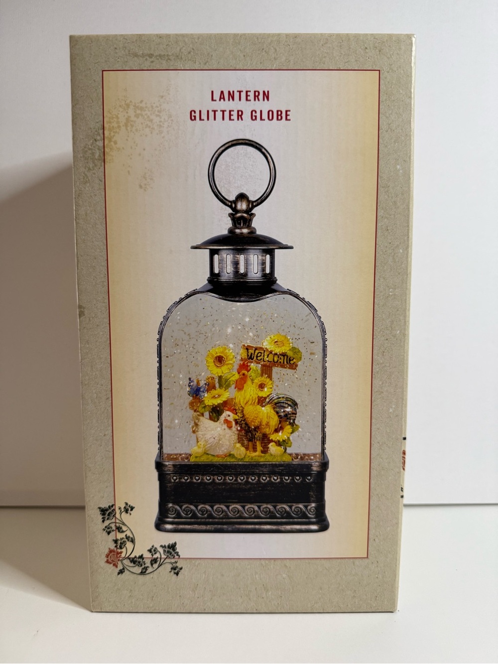Cracker Barrel Black Lantern Glitter Globe with Yellow Floral Chick Scene